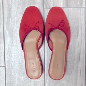 DOEN coral suede mules with slight heel size 38 only worn a few times